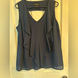 Navy Blue Linen Sleeveless Top, XL, flutter details, lined